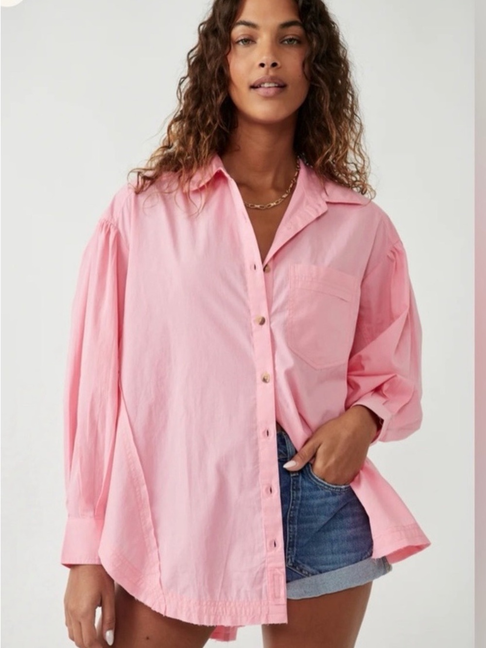 FREE PEOPLE We The Free Happy Hour Solid Poplin Shirt Pink Size Large L